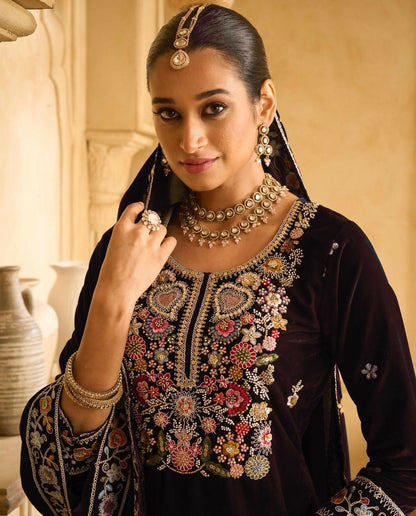 Anaita Maroon Embroidered Velvet Stitched Plazo Suit