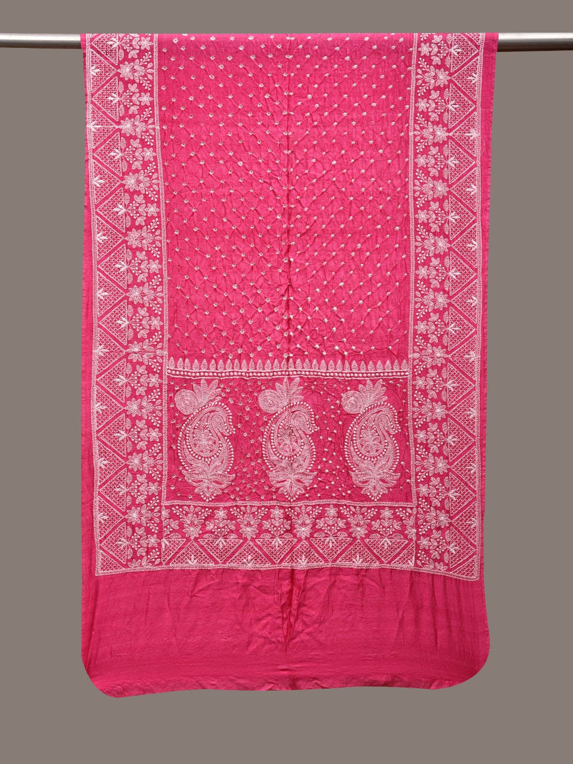 Pink Bandhani Silk Stole with Embroidary Work Design - Global Threads