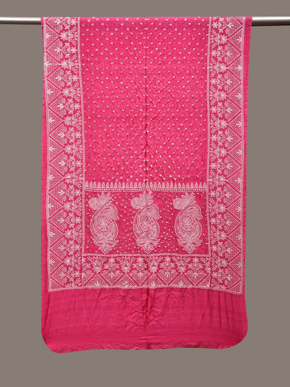 Pink Bandhani Silk Stole with Embroidary Work Design - Global Threads