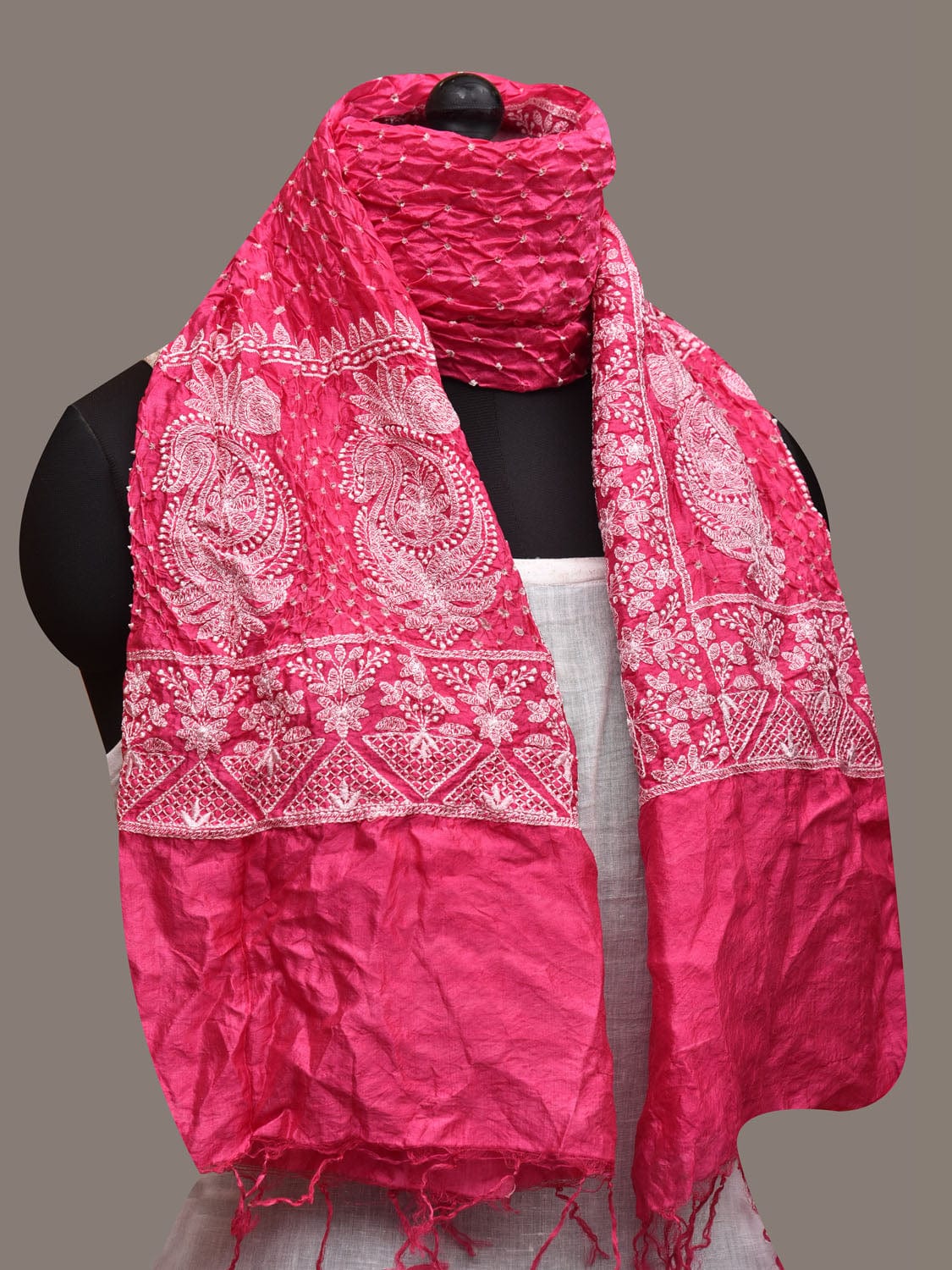 Pink Bandhani Silk Stole with Embroidary Work Design - Global Threads