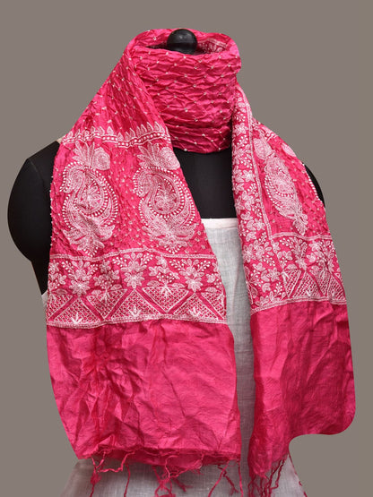 Pink Bandhani Silk Stole with Embroidary Work Design - Global Threads