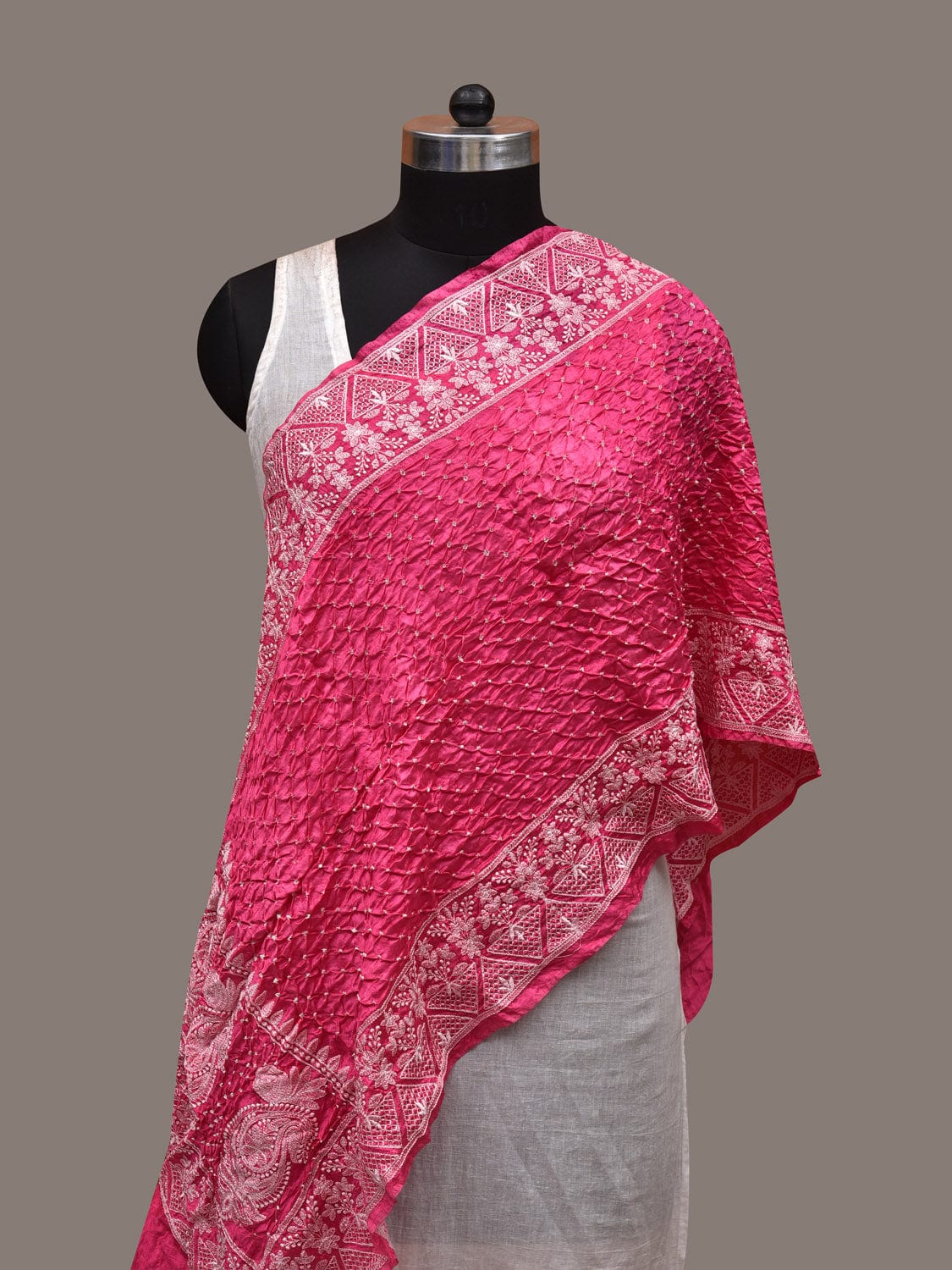 Pink Bandhani Silk Stole with Embroidary Work Design - Global Threads