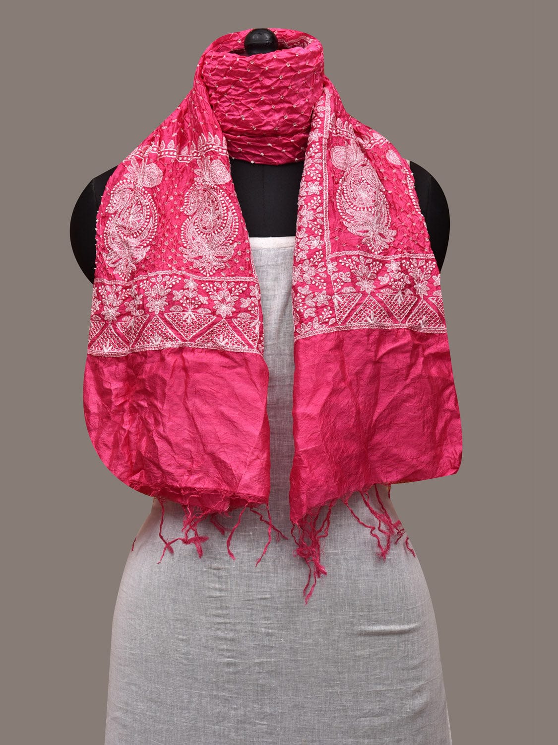 Pink Bandhani Silk Stole with Embroidary Work Design - Global Threads