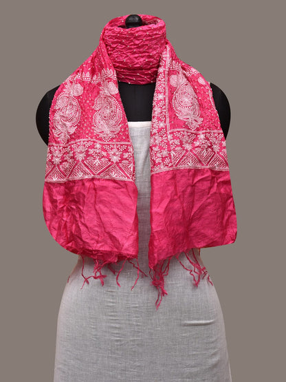 Pink Bandhani Silk Stole with Embroidary Work Design - Global Threads