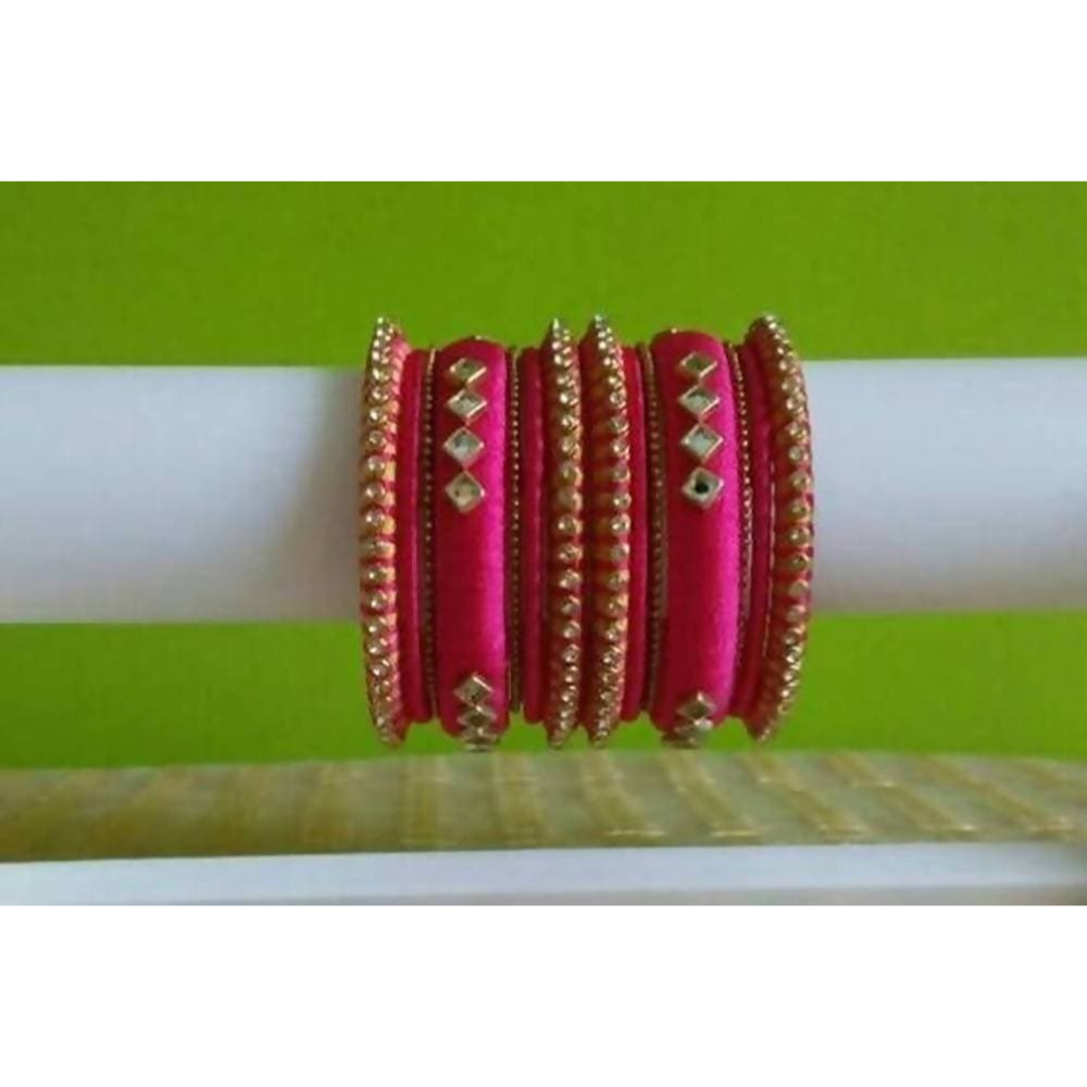 Pink Color with Diamond Shape Stone Silk Threaded Bangles Set of 2