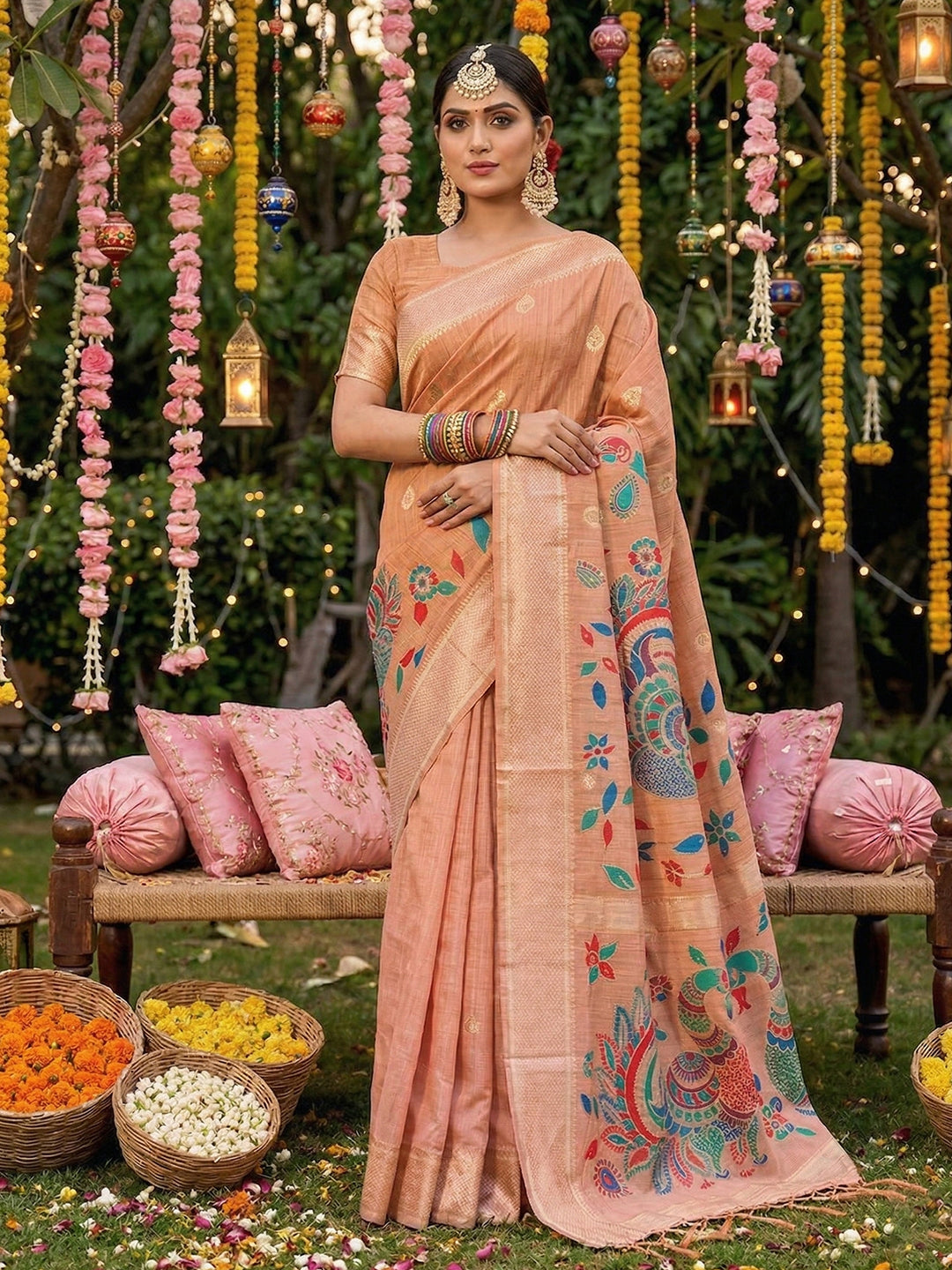 Anaita Pink Linen Cotton Woven Saree With Blouse
