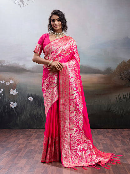 Anaita Pink Silk Blend Woven Saree With Blouse