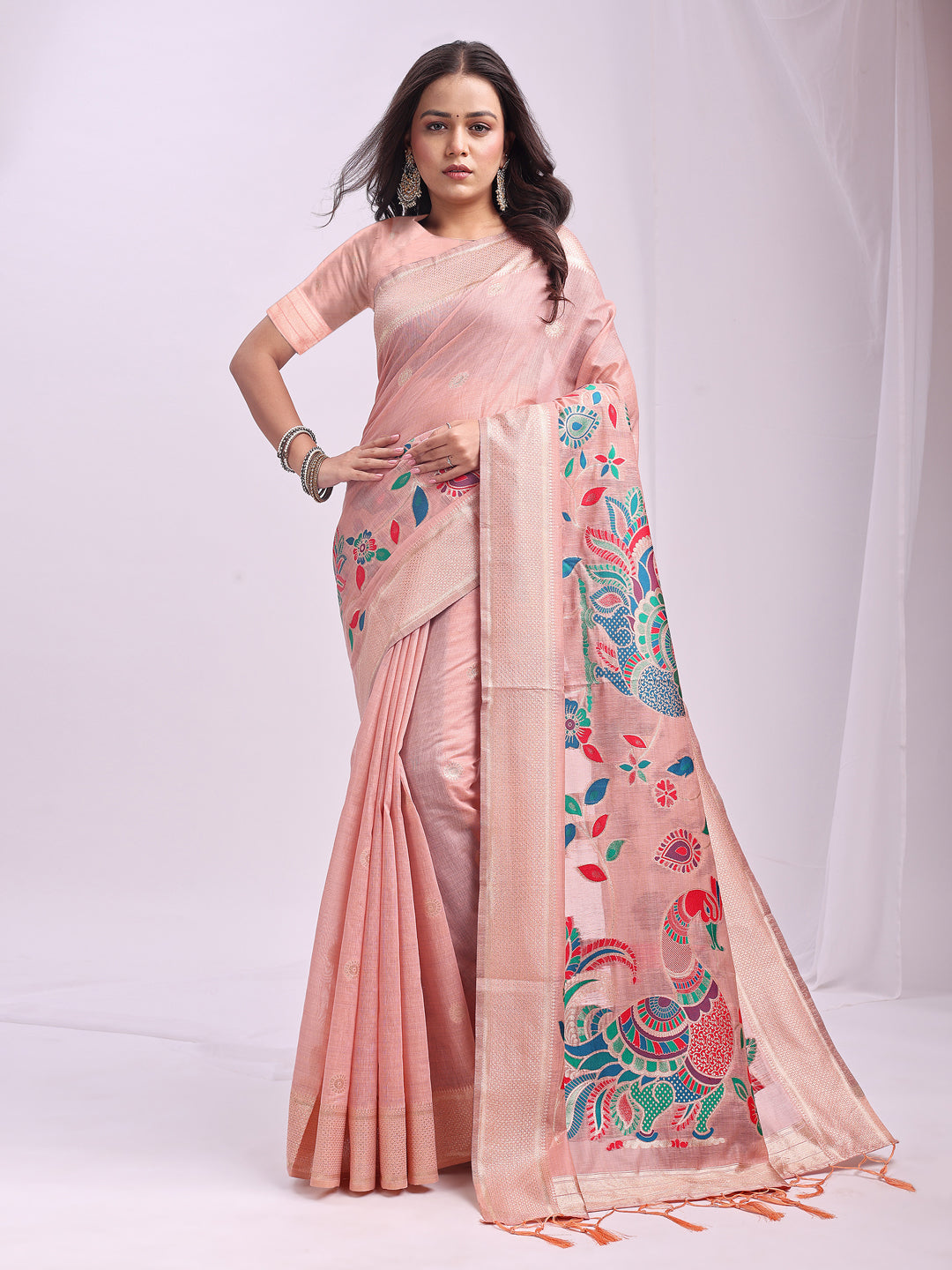 Anaita Pink Linen Cotton Woven Saree With Blouse