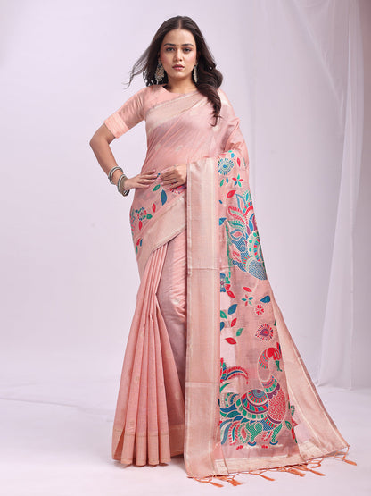 Anaita Pink Linen Cotton Woven Saree With Blouse