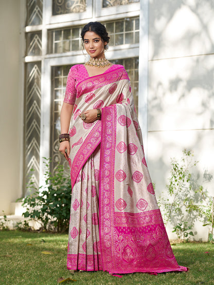 Anaita Pink Silk Blend Woven Saree With Blouse
