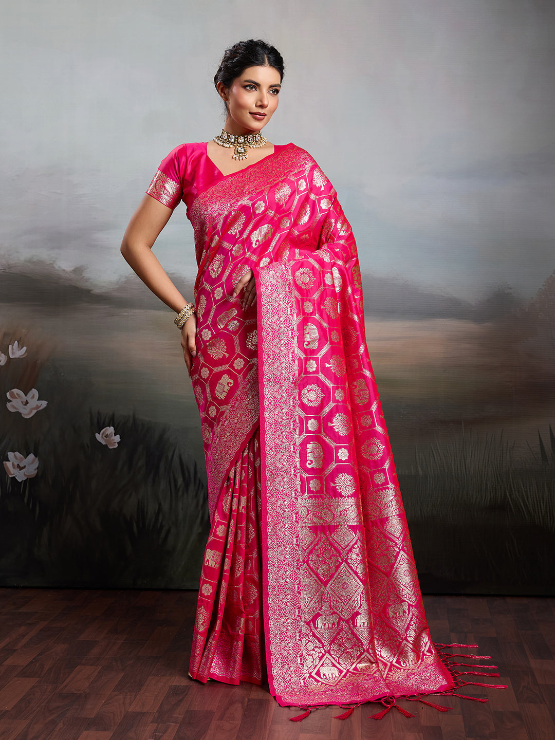 Anaita Pink Silk Blend Woven Saree With Blouse