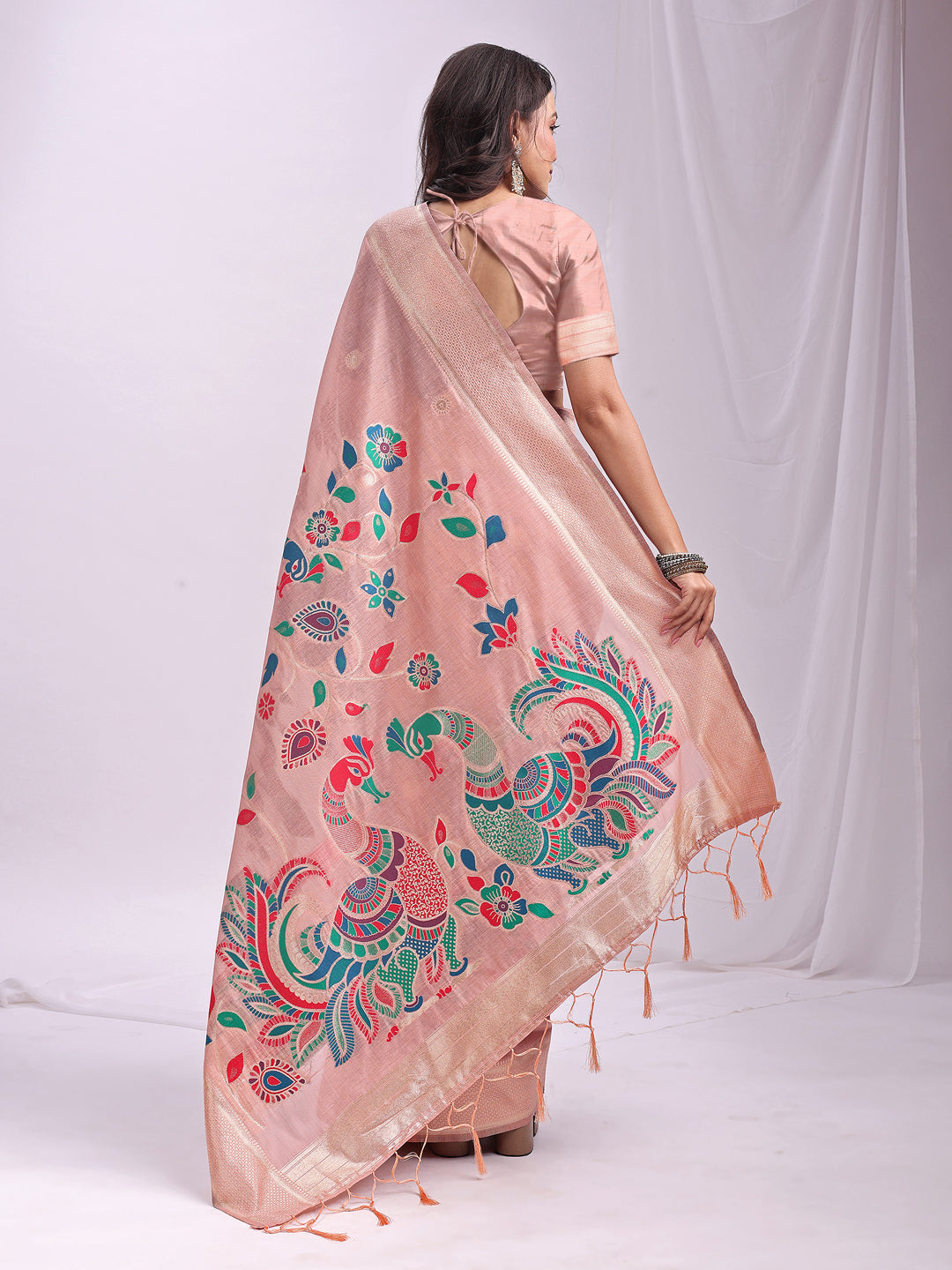 Anaita Pink Linen Cotton Woven Saree With Blouse