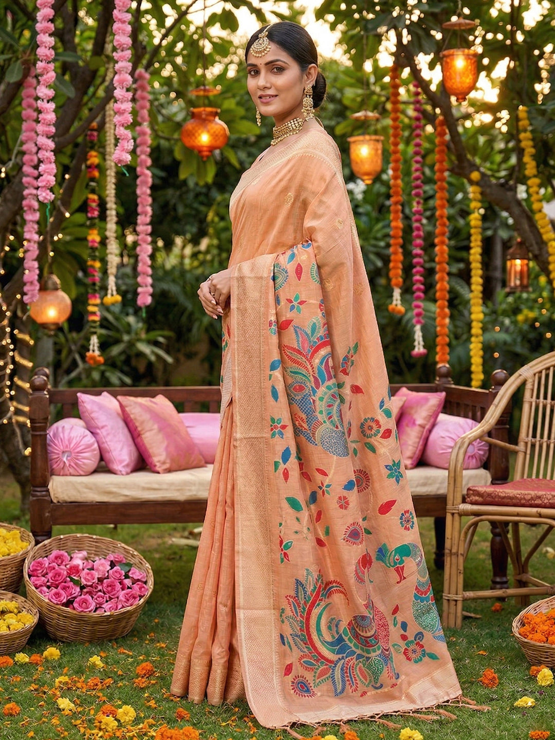 Anaita Pink Linen Cotton Woven Saree With Blouse