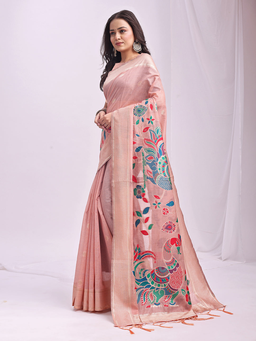 Anaita Pink Linen Cotton Woven Saree With Blouse