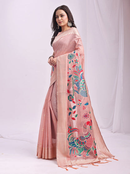 Anaita Pink Linen Cotton Woven Saree With Blouse