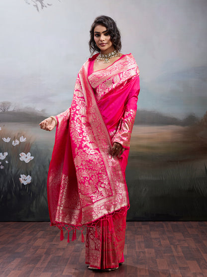 Anaita Pink Silk Blend Woven Saree With Blouse