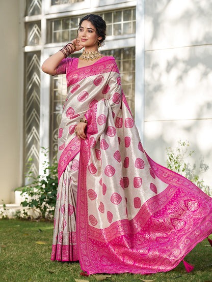 Anaita Pink Silk Blend Woven Saree With Blouse