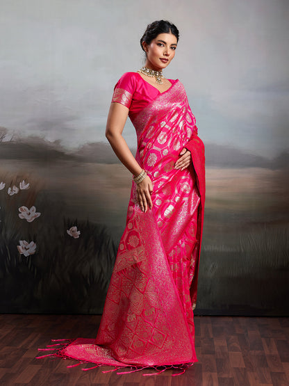 Anaita Pink Silk Blend Woven Saree With Blouse