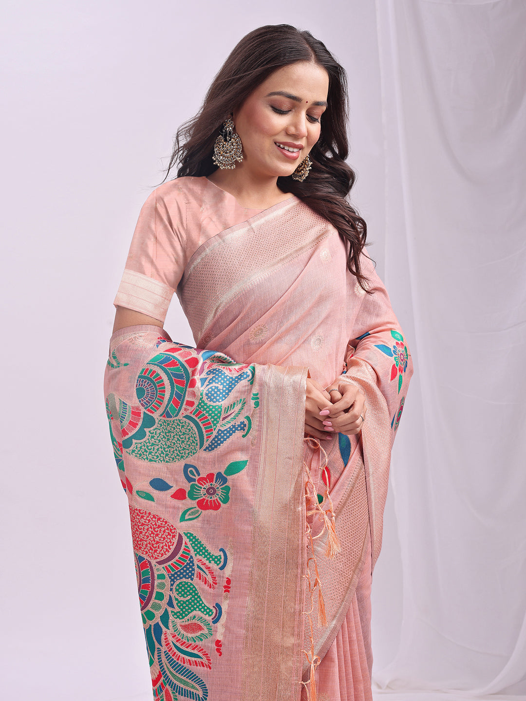 Anaita Pink Linen Cotton Woven Saree With Blouse
