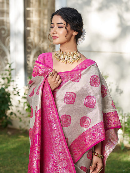 Anaita Pink Silk Blend Woven Saree With Blouse