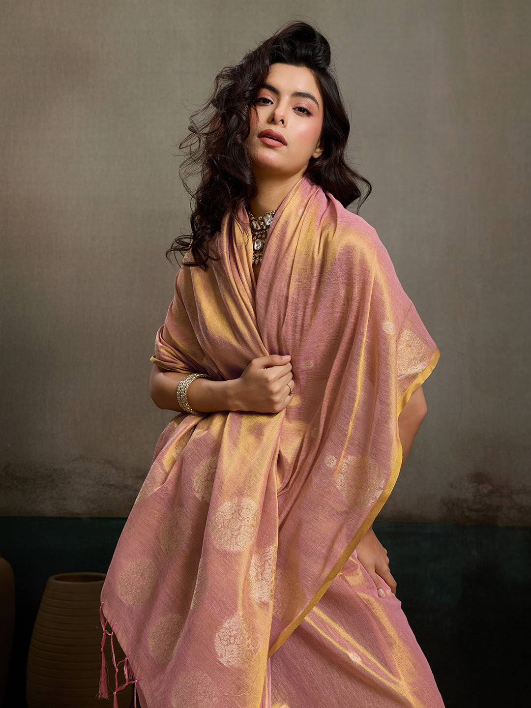 Anaita Pink Tissue Silk Woven Saree With Blouse