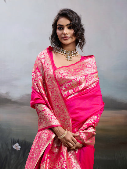 Anaita Pink Silk Blend Woven Saree With Blouse