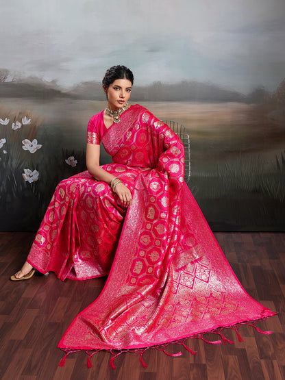 Anaita Pink Silk Blend Woven Saree With Blouse