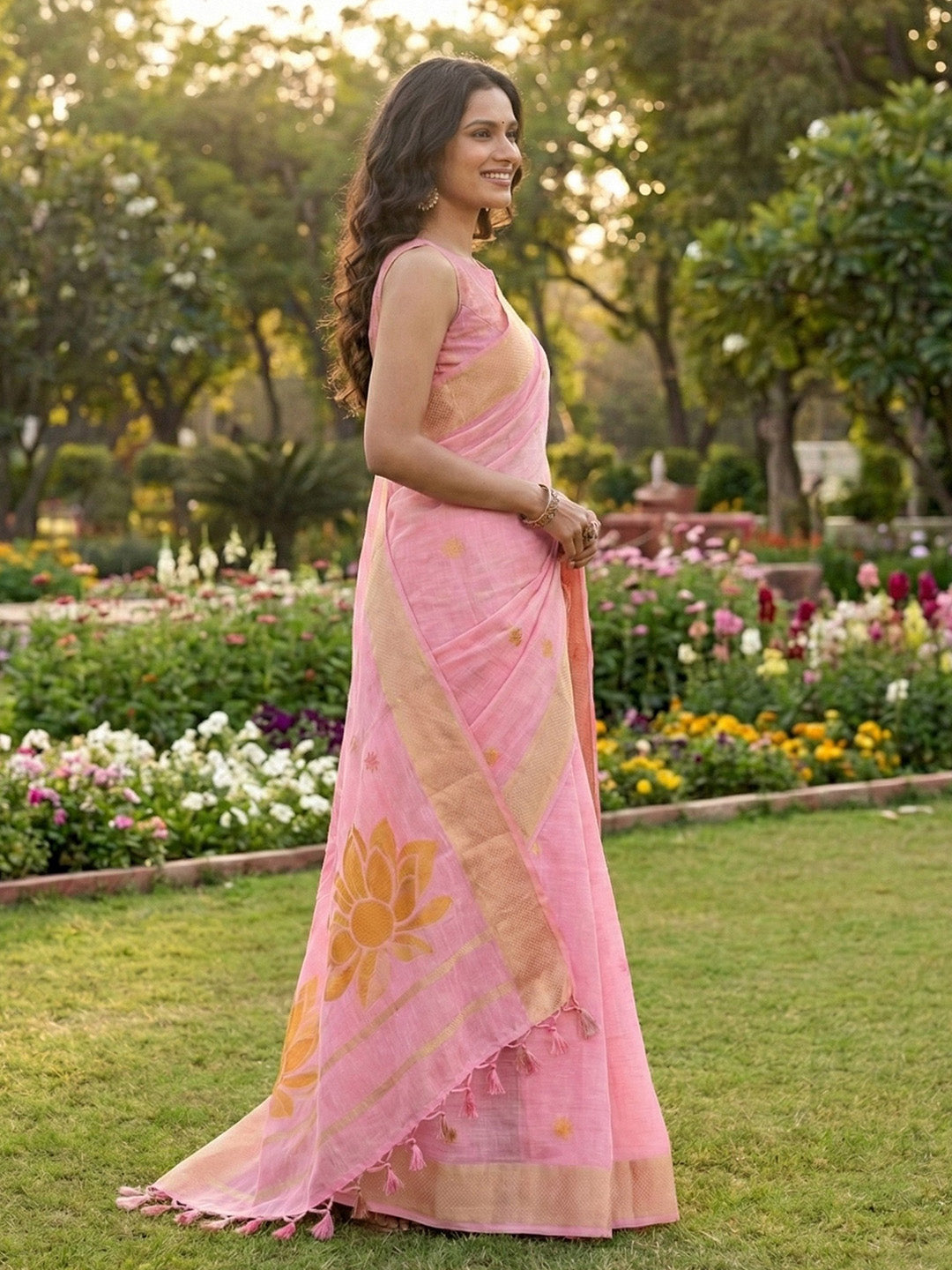 Anaita Pink Linen Saree With Blouse Piece