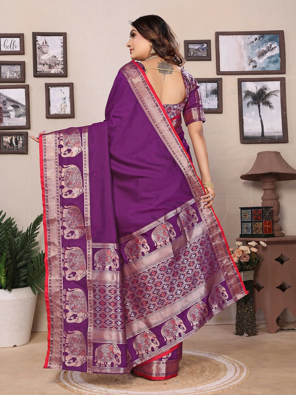 Joban Fashion Purple Solid Banarasi Silk Sarees