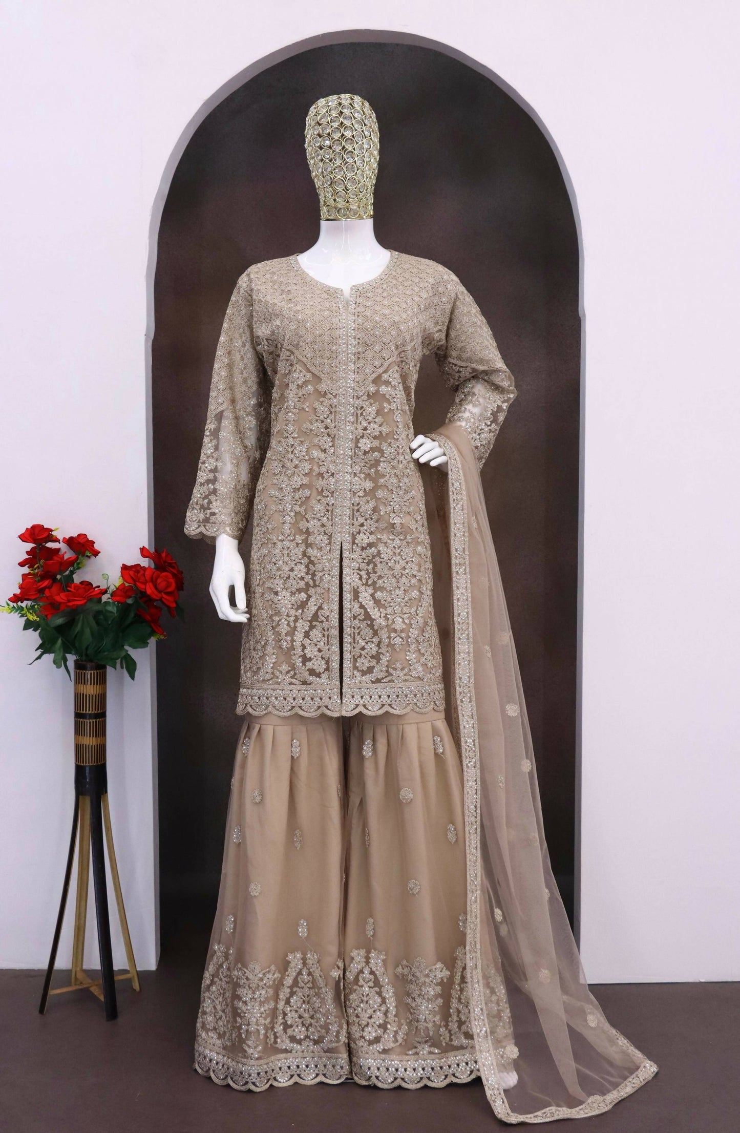 Anaita Cream Heavy Net Readymade Suit with Embroidery & Sequence Work