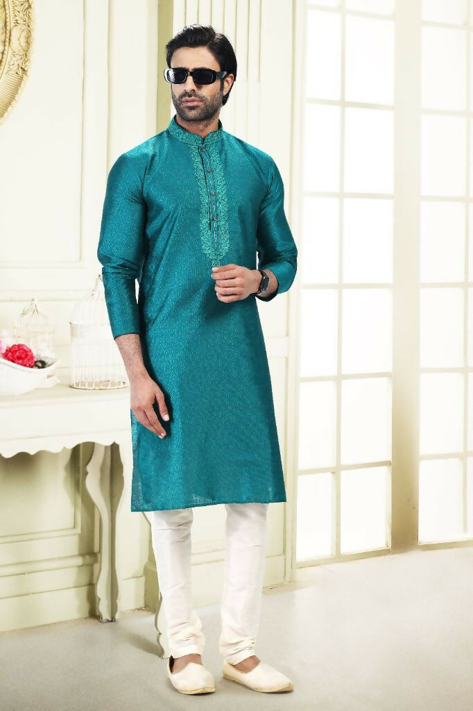 Raivat Ethnic Jacquard Banarasi Silk Thread Work Kurta Pajama In Blue Colour