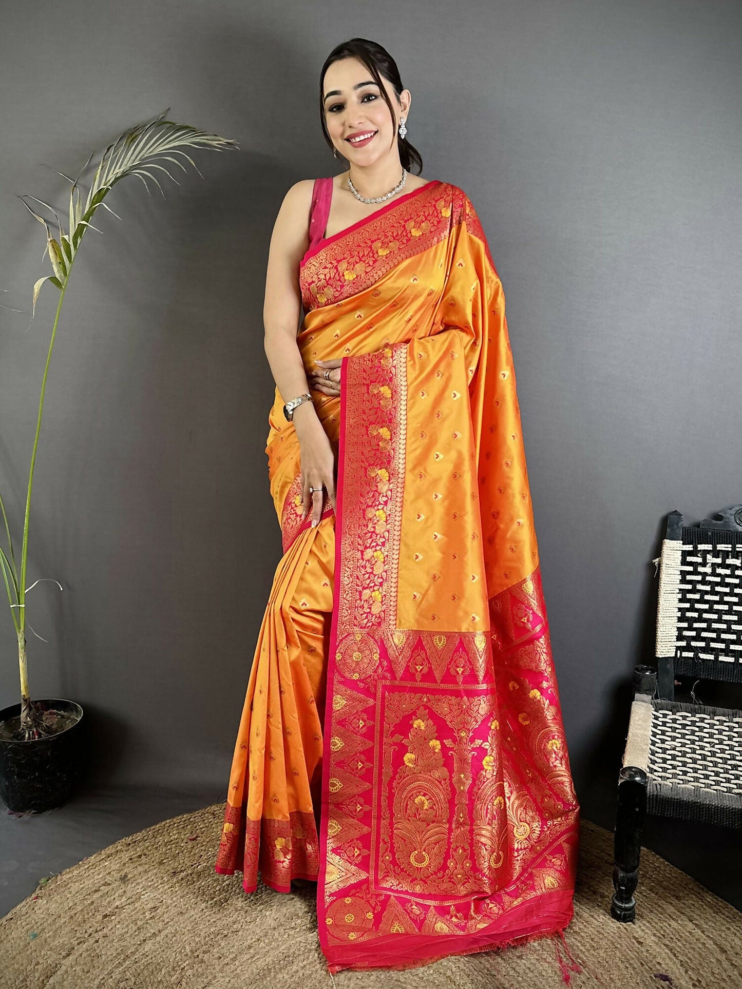 Joban Fashion Orange Intricate Motifs Soft Silk Banarasi Saree