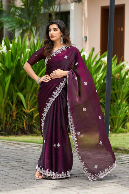 Vastranavya Wine Embroidery Work Shimmer Chiffon Saree with Unstitched Blouse
