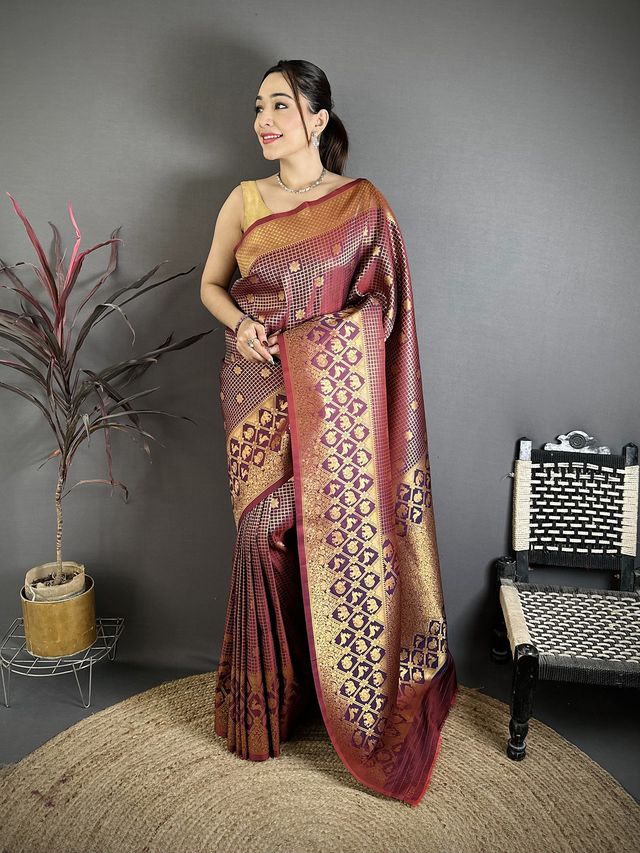 Elora Wine Banarasi Soft Silk Checked Body With Floral Motifs South Pattu Saree
