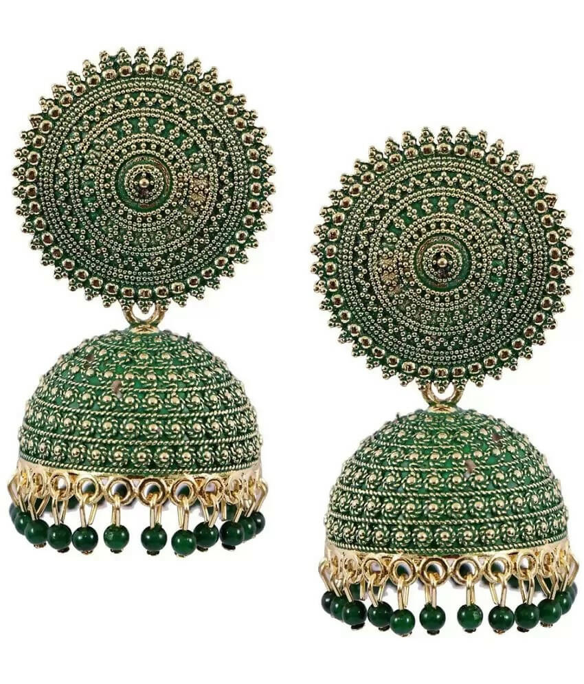 Mominos Fashion Joharkamal Gold-Polished Meenakari Jhumkas For Women & Girls (Green)