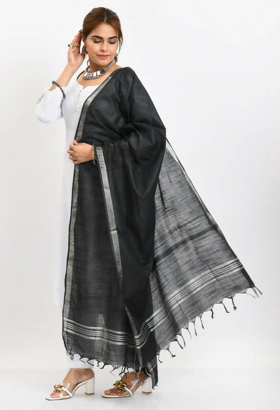 Mominos Fashion Moeza Women's Linen Cotton Silver Border Black Dupatta