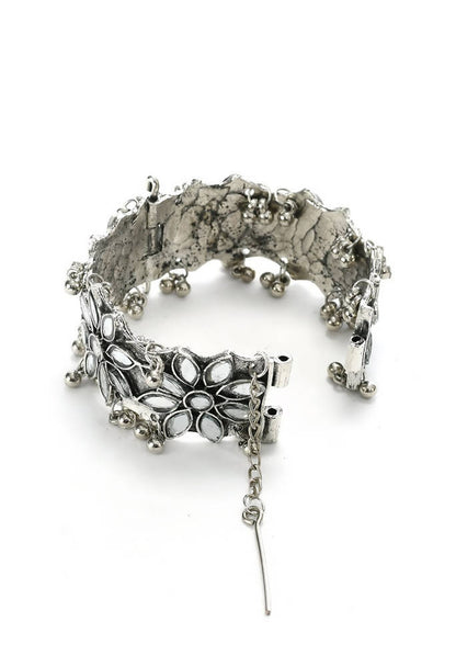 Mominos Fashion Kamal Johar Oxidised Silver-Plated Mirror work Design Bracelet