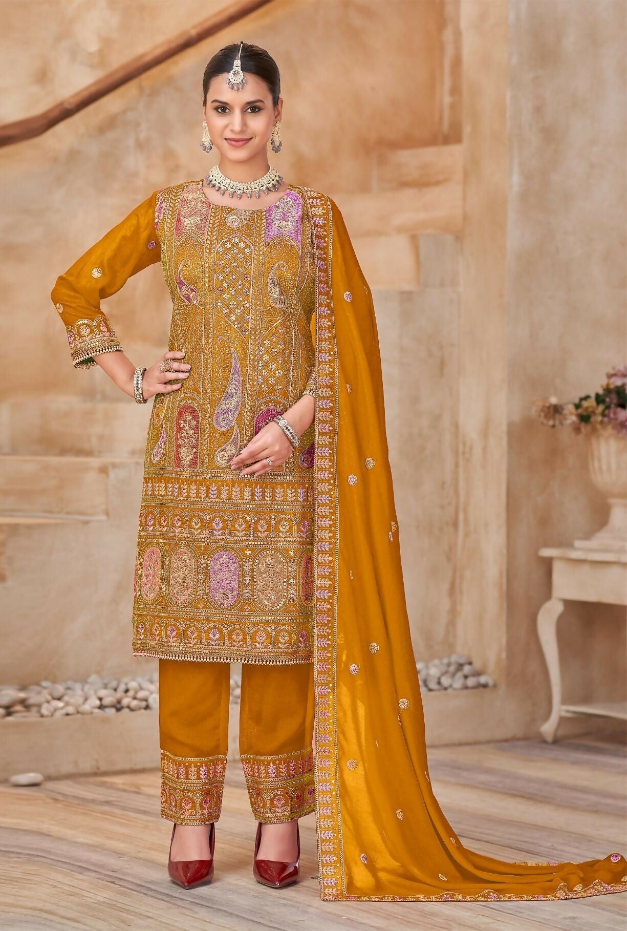 Anaita Mustard Vichitra Silk Readymade Suit with Embroidery & Lace Work