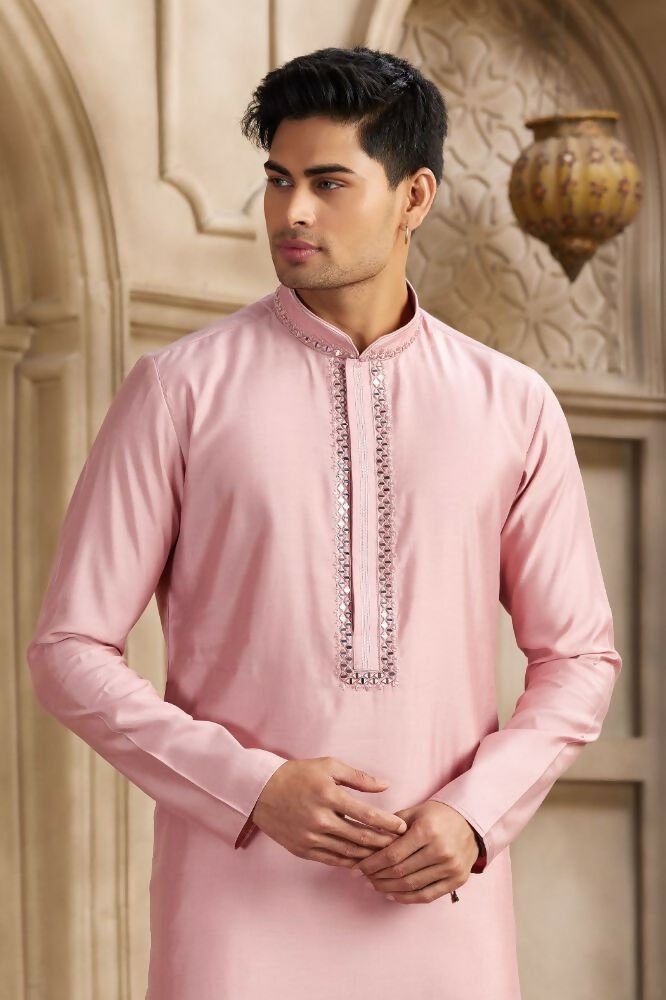 Raivat Ethnic Banarasi Art Silk Mirror Work Kurta Pajama In Dark Pink Colour