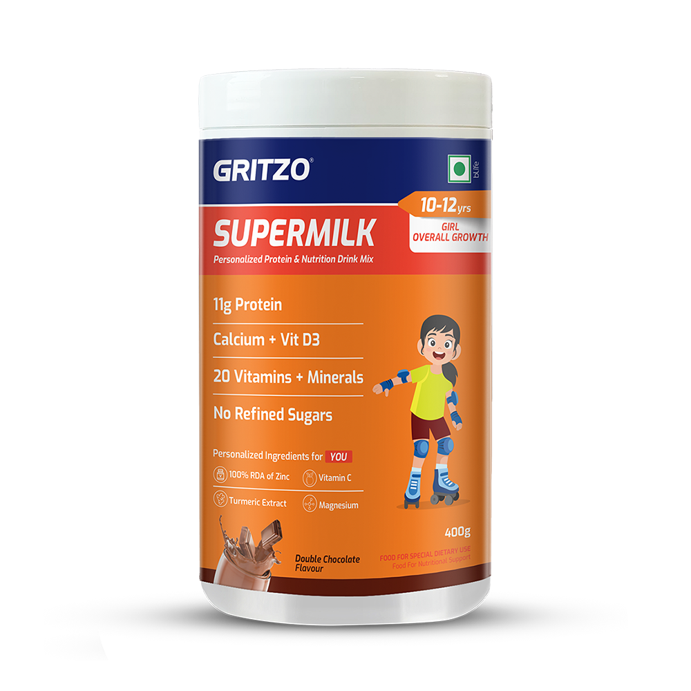 Gritzo SuperMilk Overall Growth (10-12y Girls), Zero Refined Sugar, 21 Vitamins & Minerals