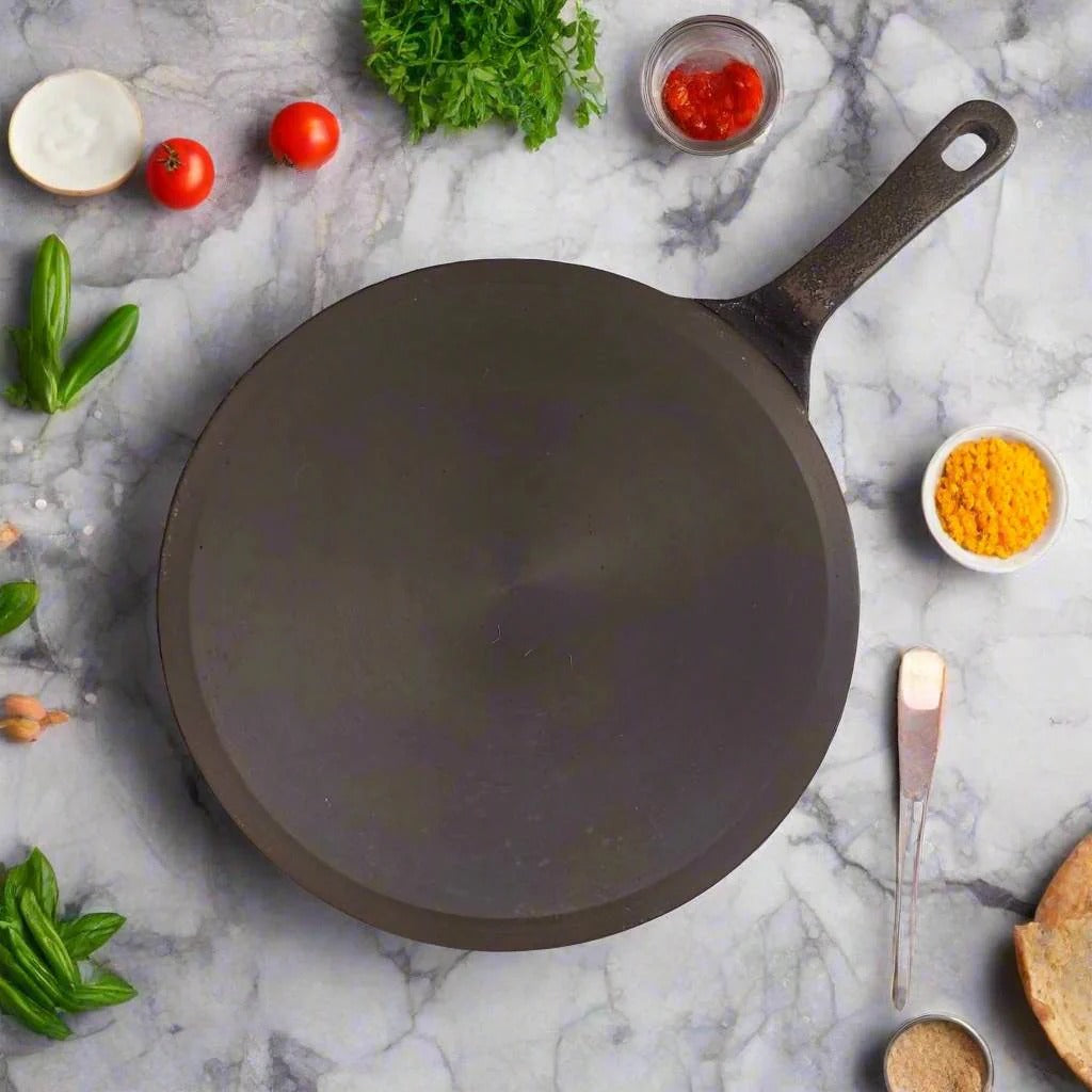 Zishta Cast Iron Concave Tawa with Long Handle Pre-Seasoned Induction Friendly
