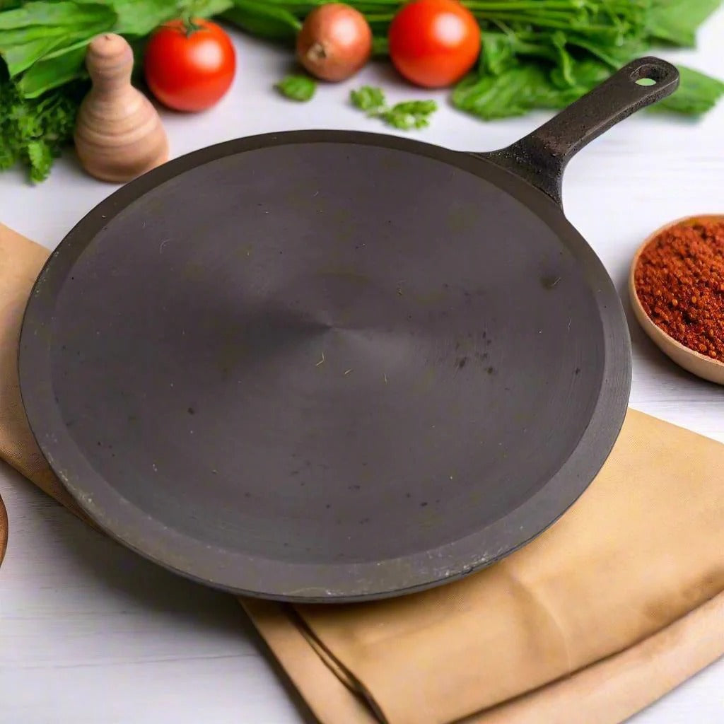 Zishta Cast Iron Concave Tawa with Long Handle Pre-Seasoned Induction Friendly