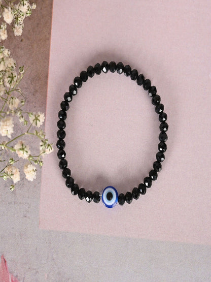 NVR Women & Men Black Evil Eye Elasticated Rakhi With Roli Chawal
