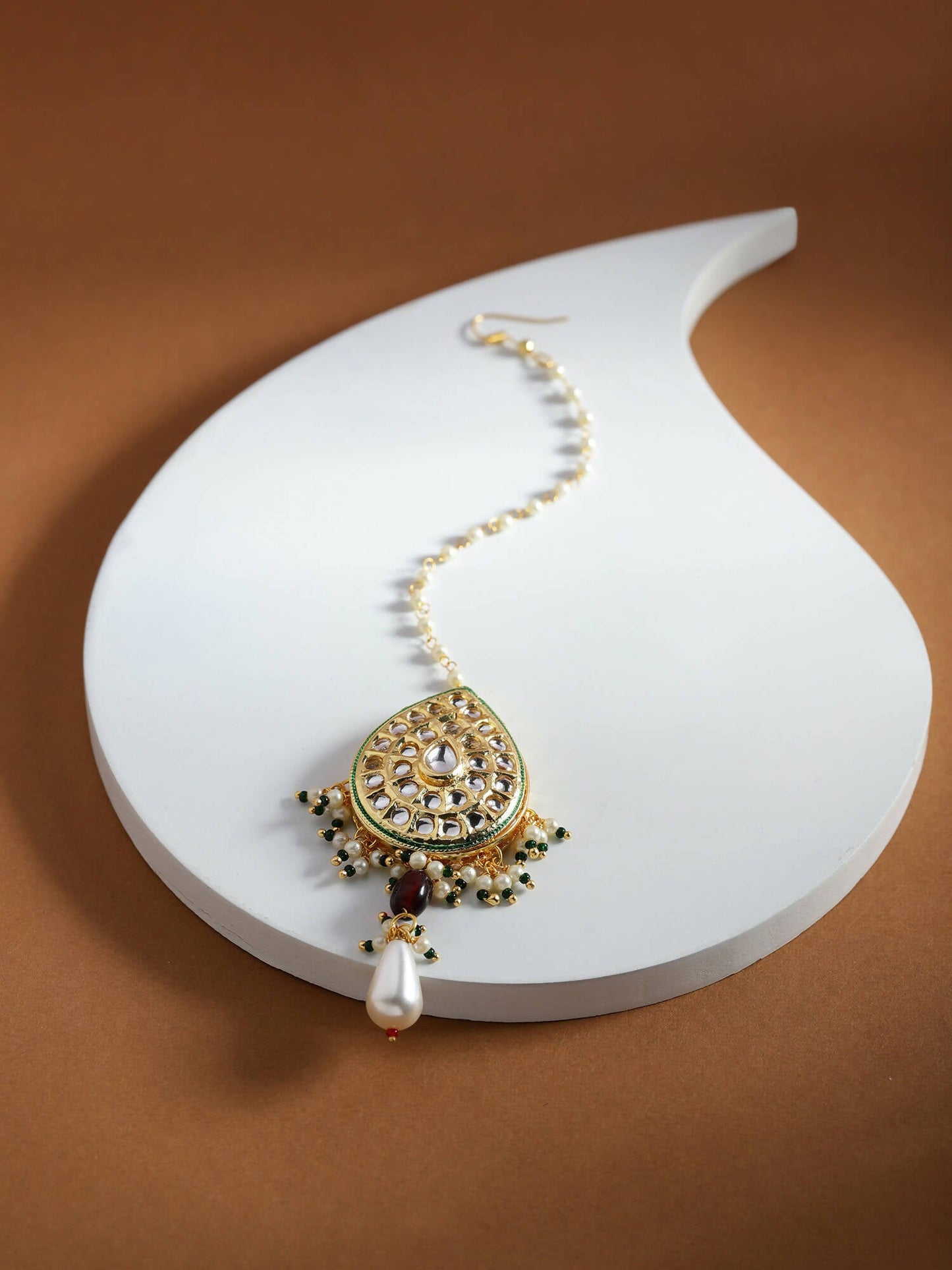 Gold-Polished White Green Kundan-Studded Pearl Beaded Maang Tikka - Ruby Raang