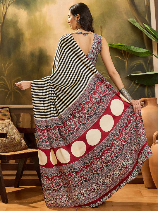 Sangria Striped Printed Saree With Blouse Piece