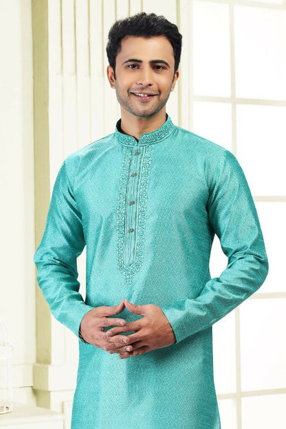 Raivat Ethnic Jacquard Banarasi Silk Thread Work Kurta Pajama In Teal Green Colour