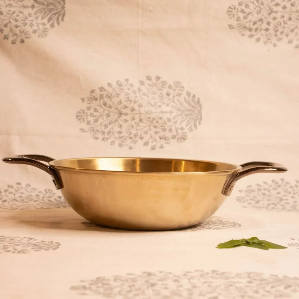 Zishta Kansa Tulsi Kadai with Heat Resistant Handles Handcrafted Bronze Cookware - 1.75Ltr