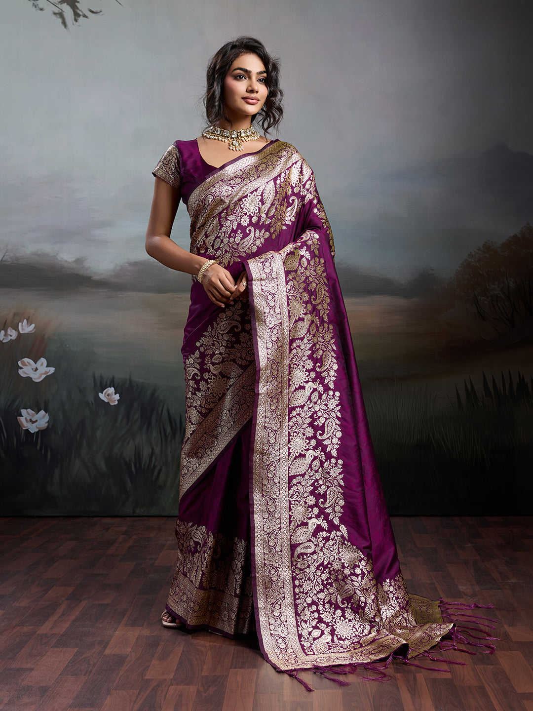 Anaita Purple Silk Blend Woven Saree With Blouse