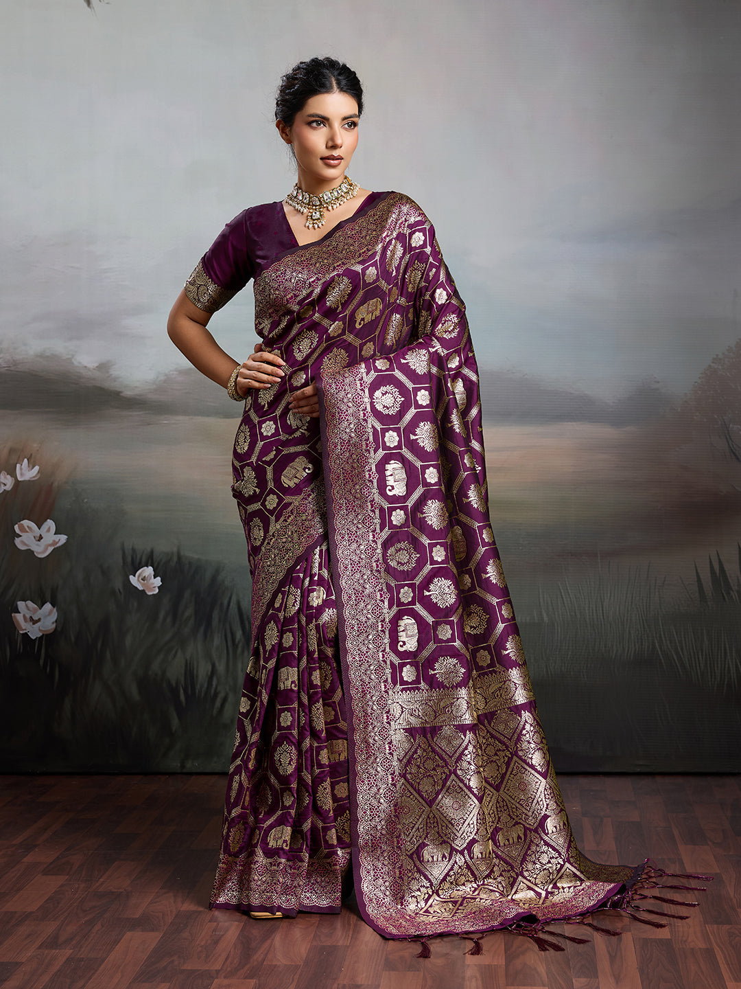 Anaita Purple Silk Blend Woven Saree With Blouse