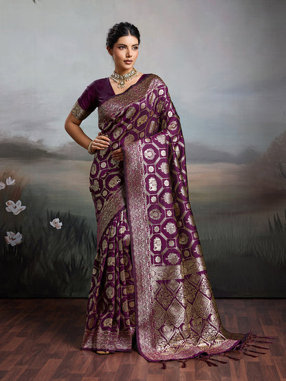 Anaita Purple Silk Blend Woven Saree With Blouse